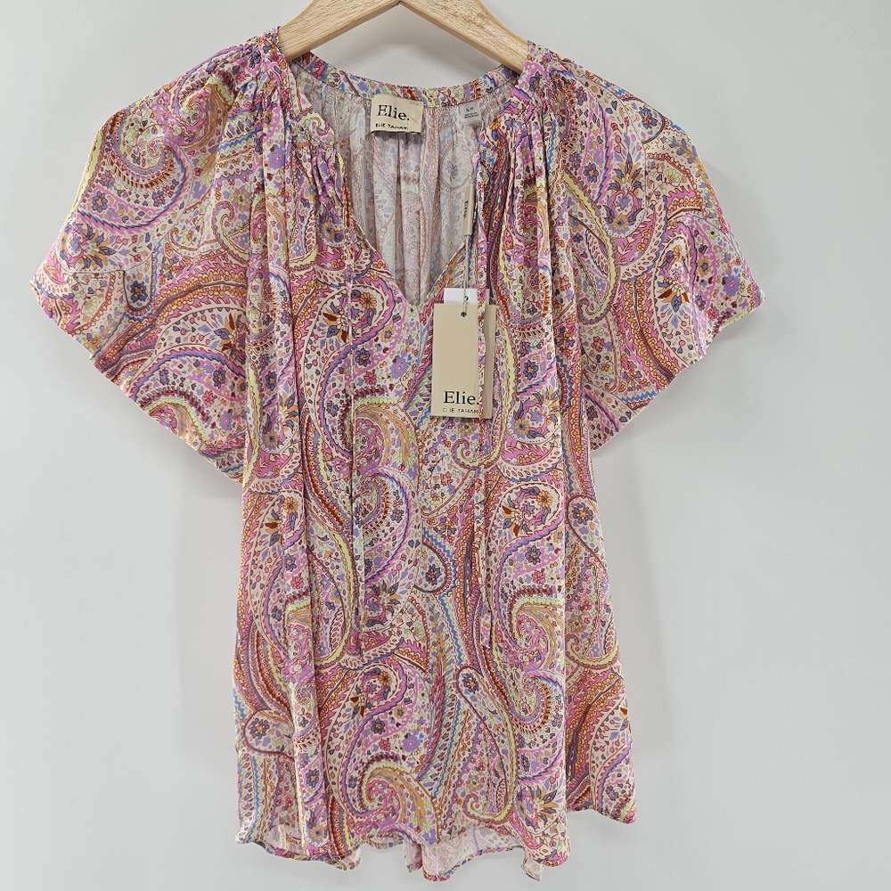 Elie Tahari Paisley Printe Capped Flutter Sleeve Tie Front Top Womens Size Small